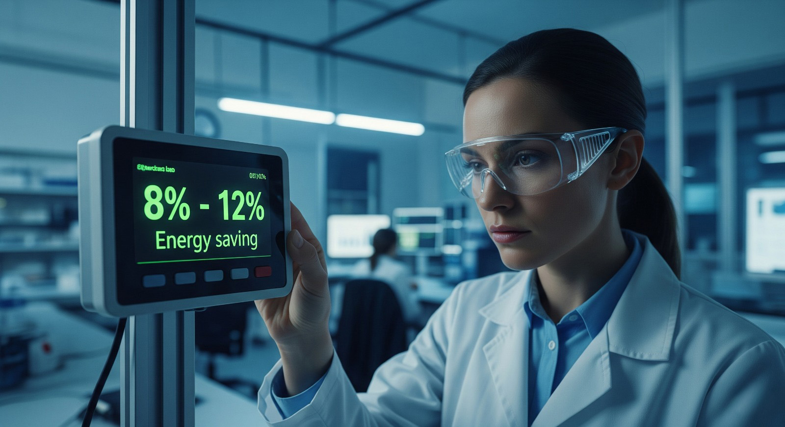 Scientist in lab showing energy saving meter